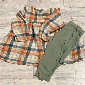 Angel Dear Matching Set Plaid Top with Ribbed Olive Leggings Size 6-12 Months